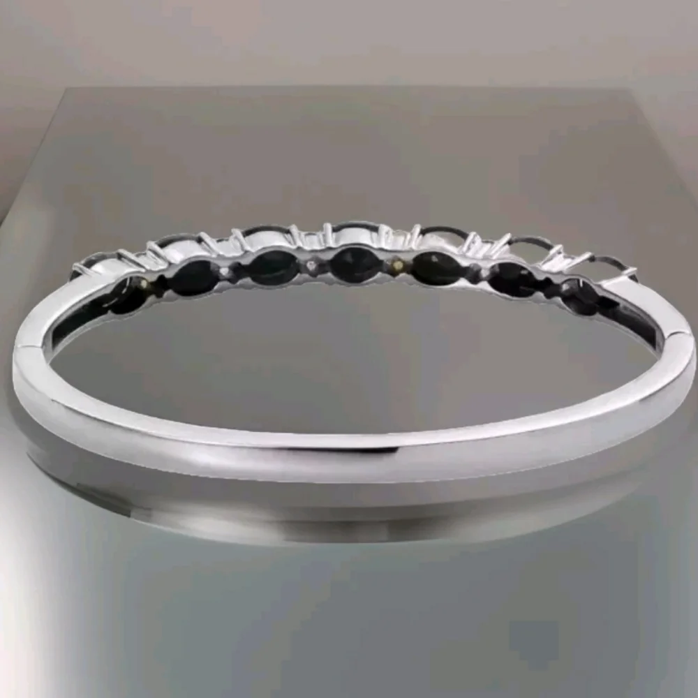 Black Sapphire Tourmaline Bangle Bracelet Stainless Steel 7.5 Inch